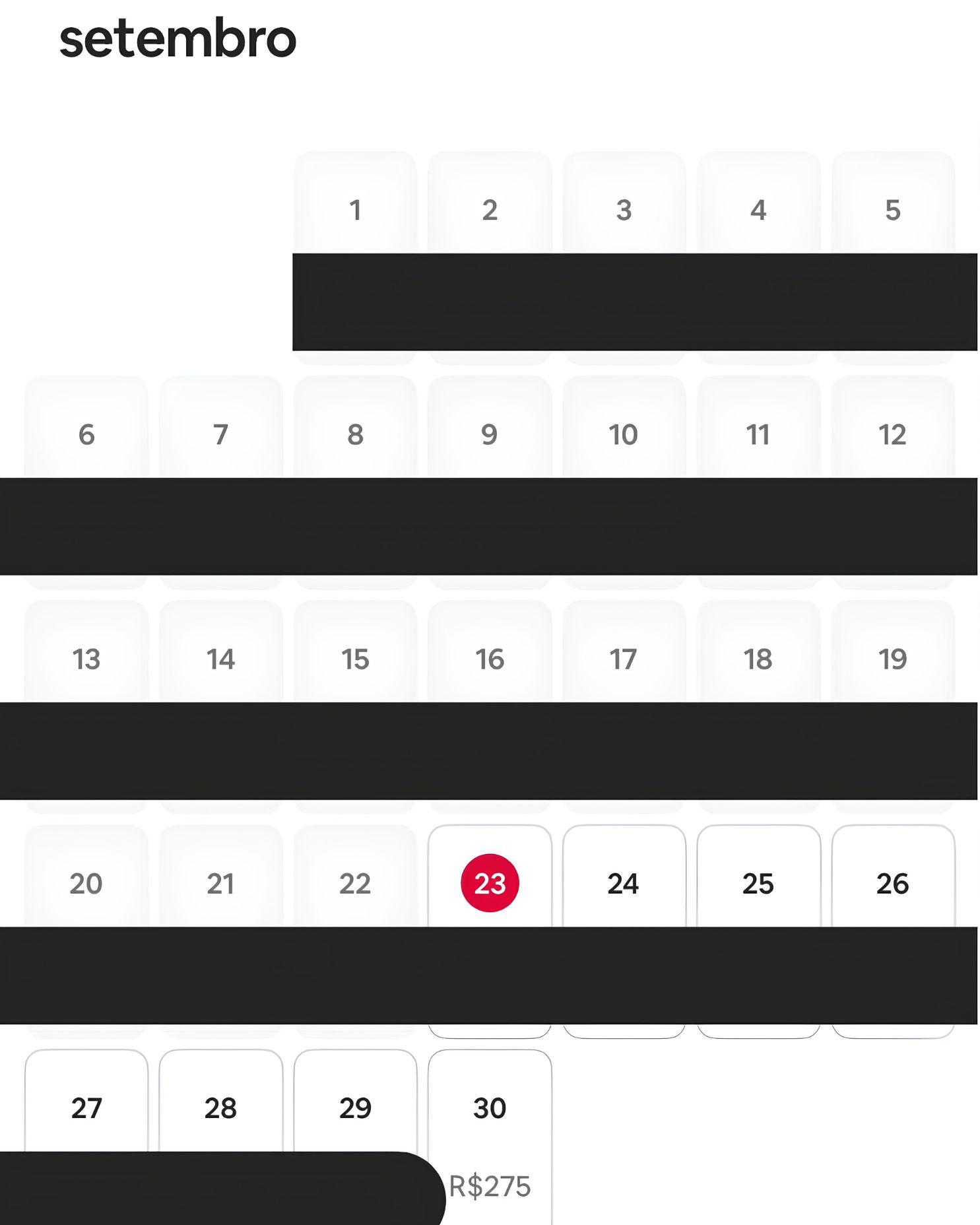 Calendário de setembro do studio da Vivian no Airbnb, com as datas de setembro ocupadas e diária de R$275