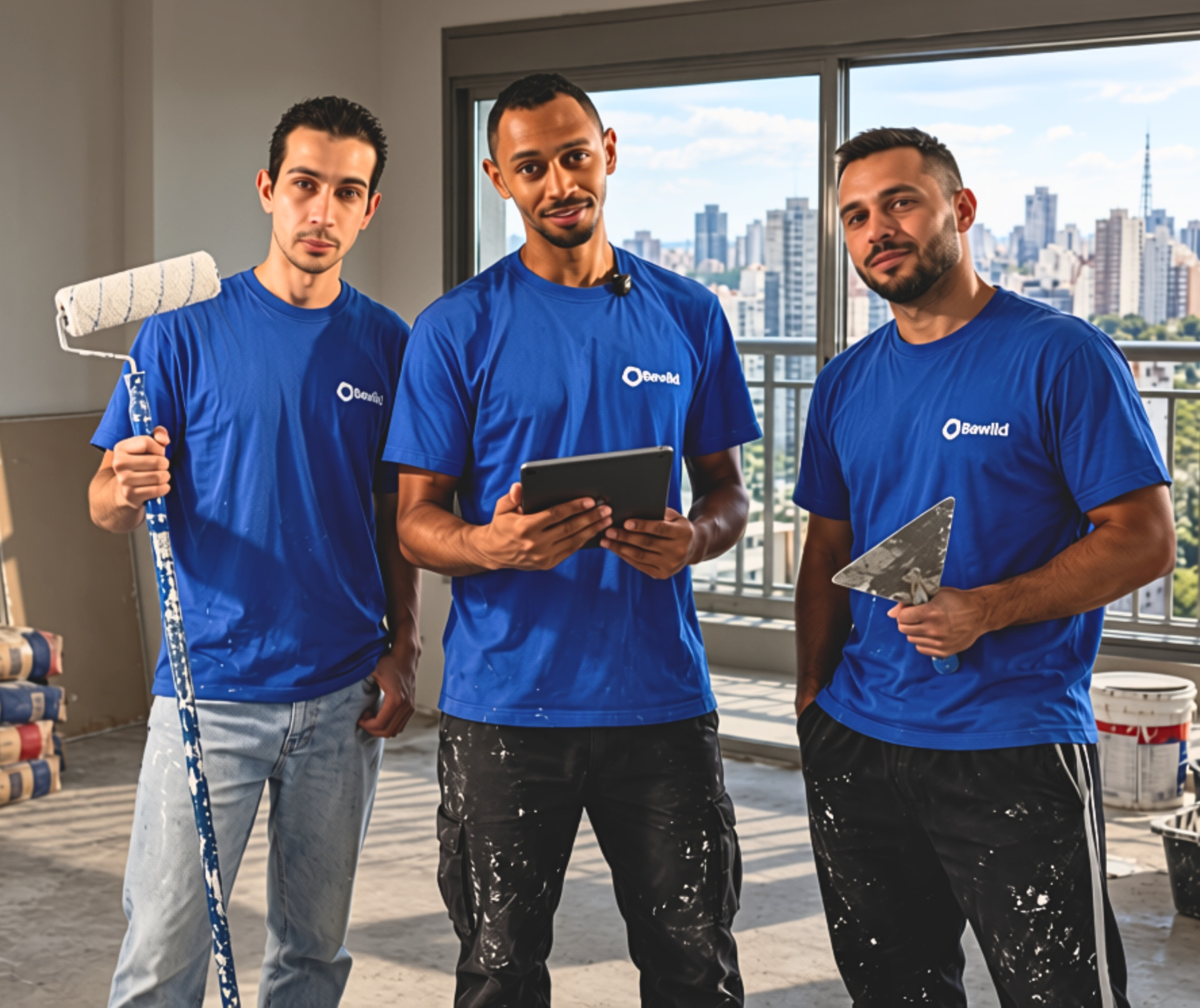 Equipe Bewild em obra: dois profissionais com rolo de tinta e desempenadeira e um engenheiro com tablet, em apartamento em reforma com a skyline de São Paulo ao fundo