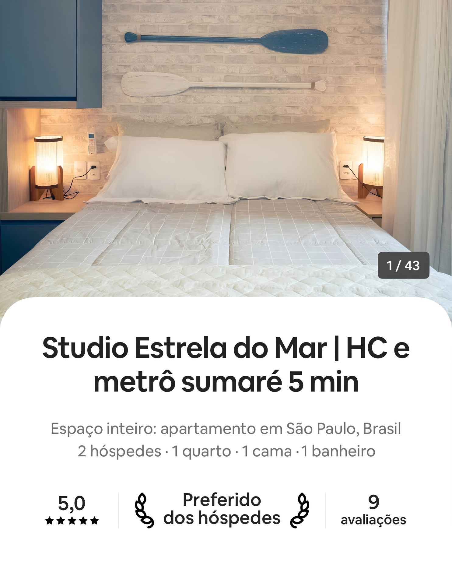Anúncio do studio da Vivian no Airbnb, com nota 5,0 e selo Preferido dos Hóspedes