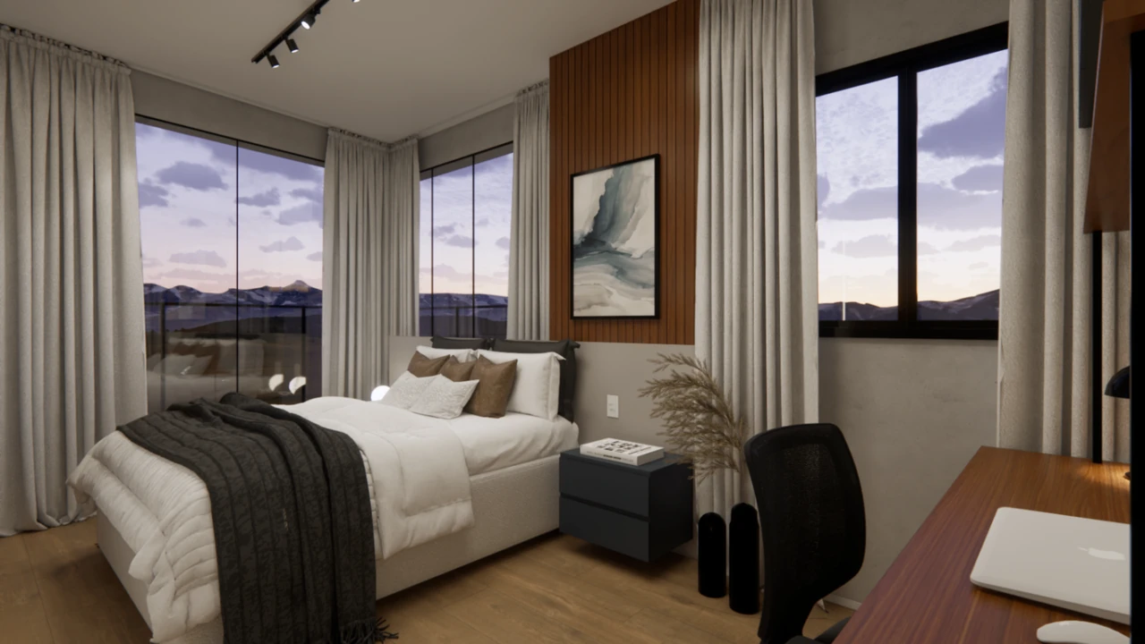 Render do Studio Brooklin com quarto, janelas amplas, cortinas claras e bancada de trabalho