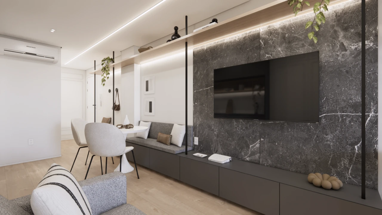 Render do Studio Vila Olímpia com sala integrada, painel de mármore escuro e marcenaria iluminada