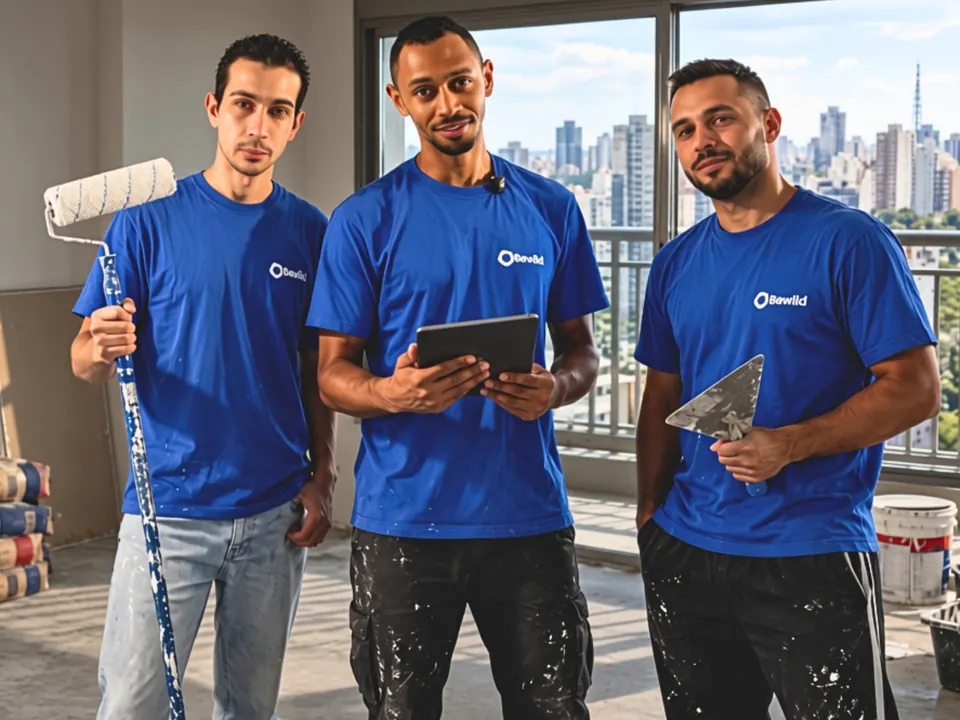 Equipe Bewild em obra: dois profissionais com rolo de tinta e desempenadeira e um engenheiro com tablet, em apartamento em reforma com a skyline de São Paulo ao fundo