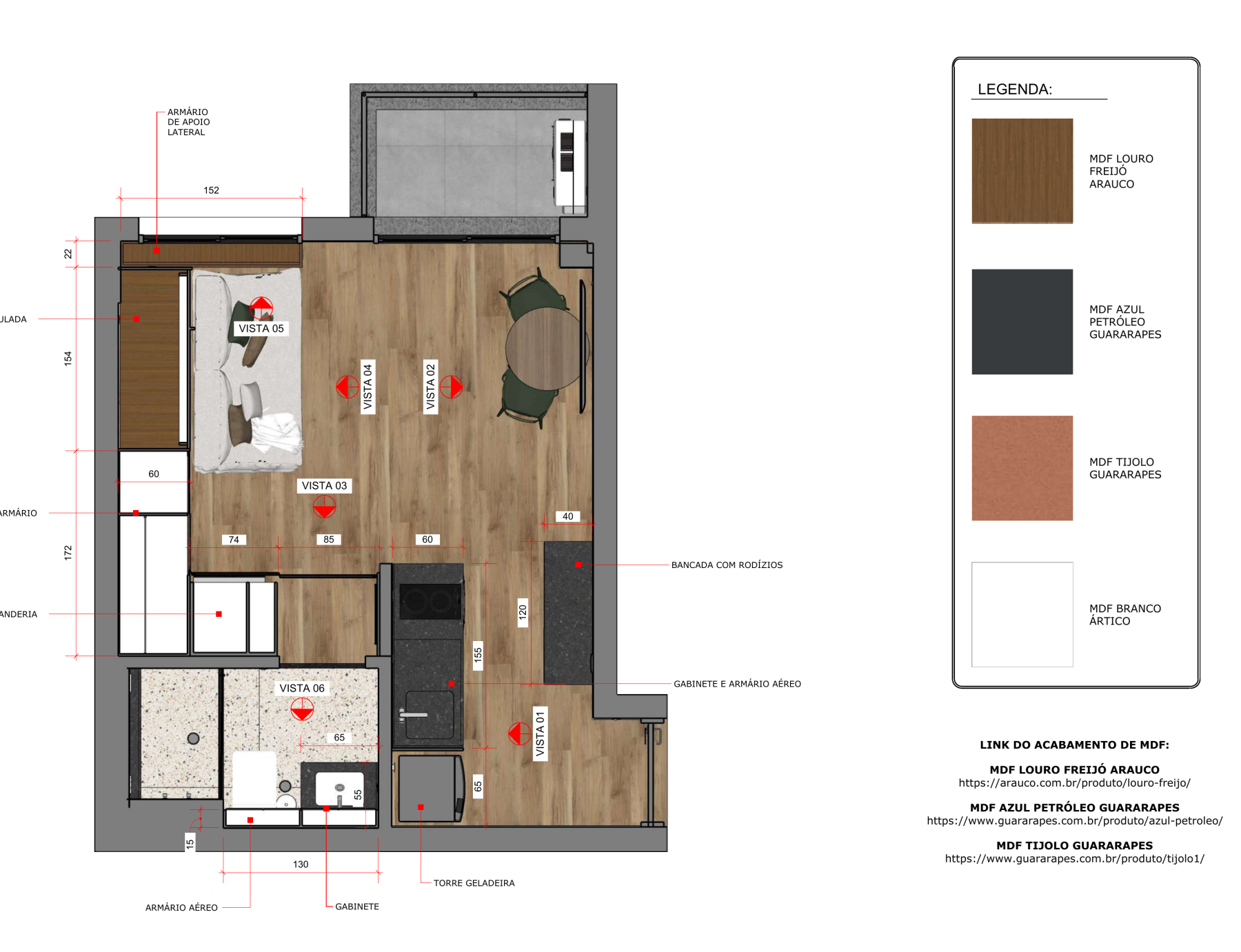 Prancha do projeto executivo com a planta de marcenaria cotada: cama articulada, armário, armário lavanderia, gabinete e torre da geladeira, com a legenda dos MDFs