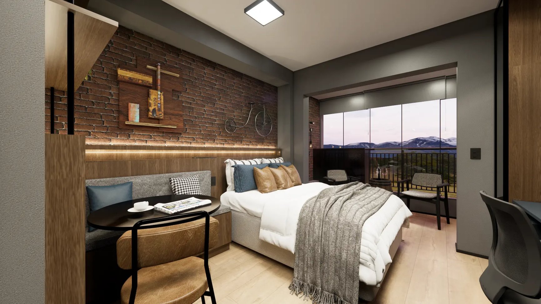 Render do Studio Pinheiros com cama, mesa redonda, parede de tijolinhos e varanda ao fundo