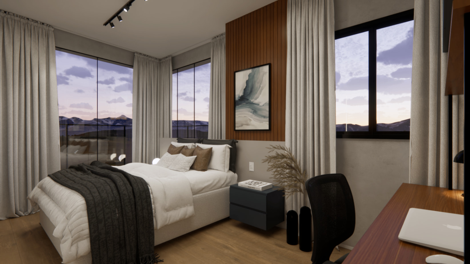 Render do Studio Brooklin com quarto, janelas amplas, cortinas claras e bancada de trabalho