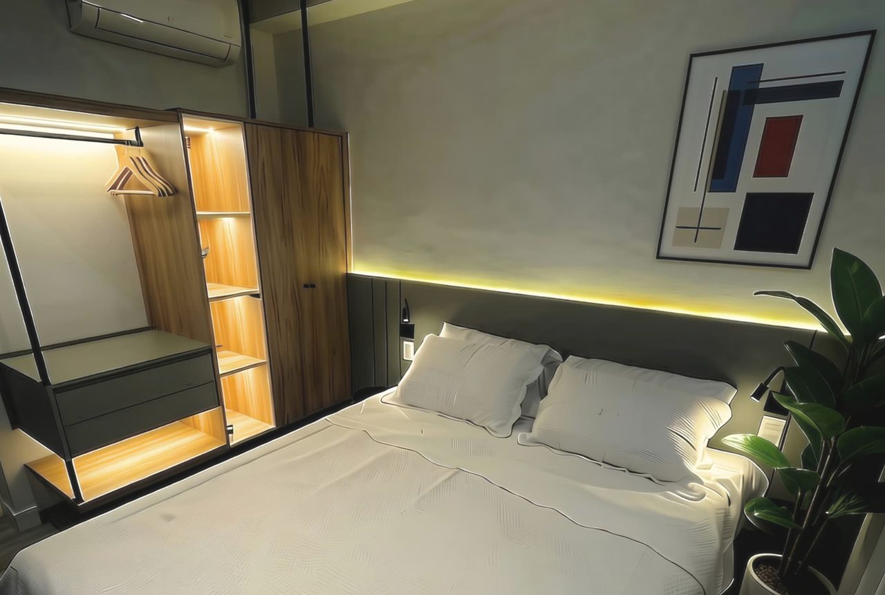 Quarto com cabeceira escura iluminada por fita de LED, closet amadeirado com luz e planta decorativa