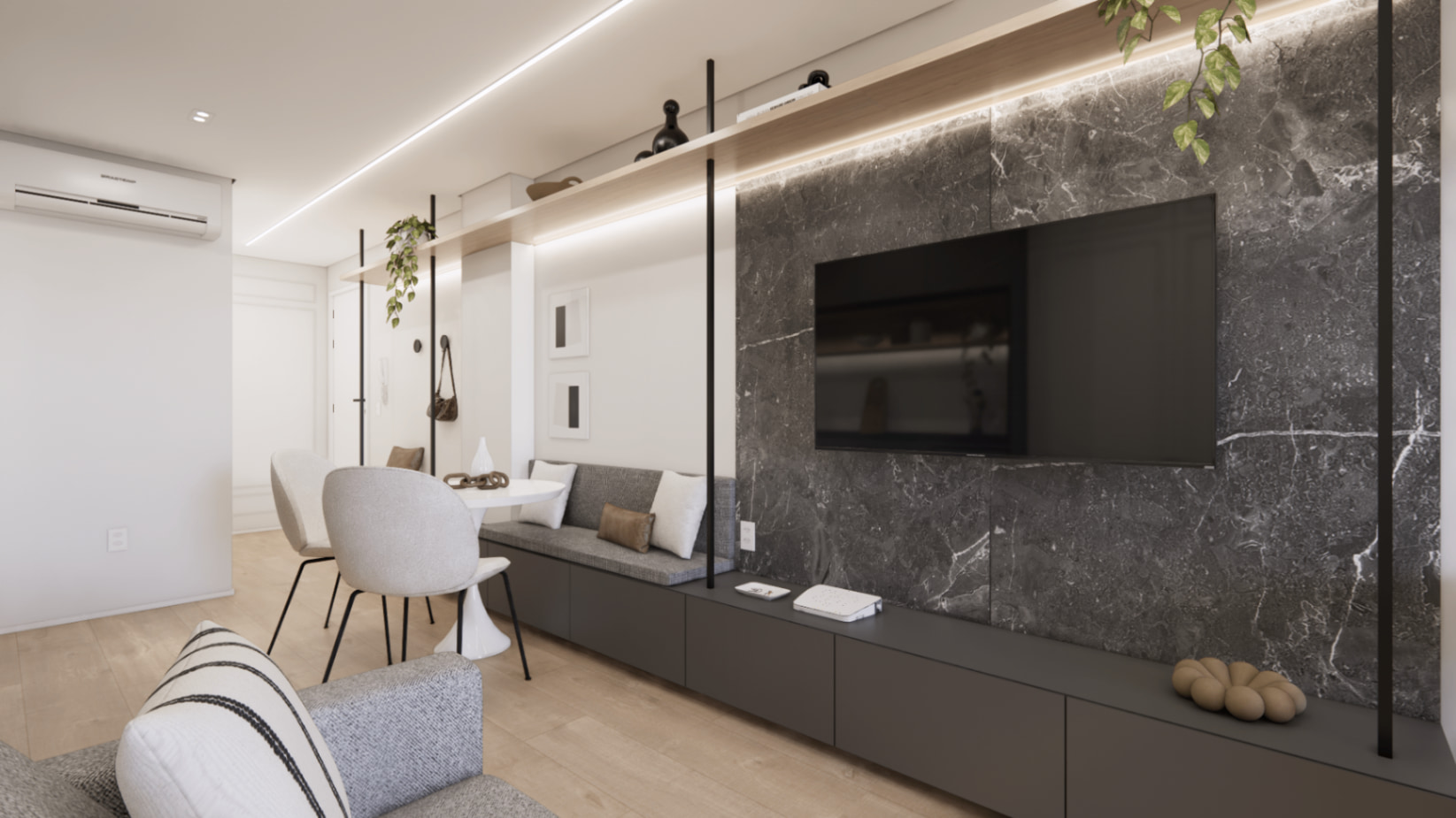 Render do Studio Vila Olímpia com sala integrada, painel de mármore escuro e marcenaria iluminada