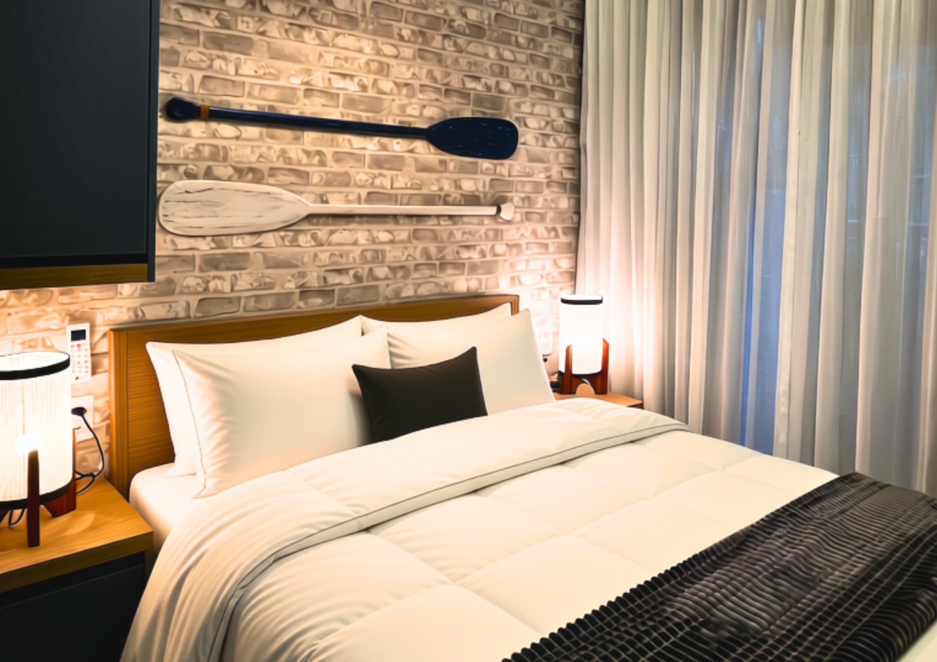Studio compacto com parede de tijolinhos clara, remos decorativos sobre a cama, cabeceira de madeira e luminárias de luz quente