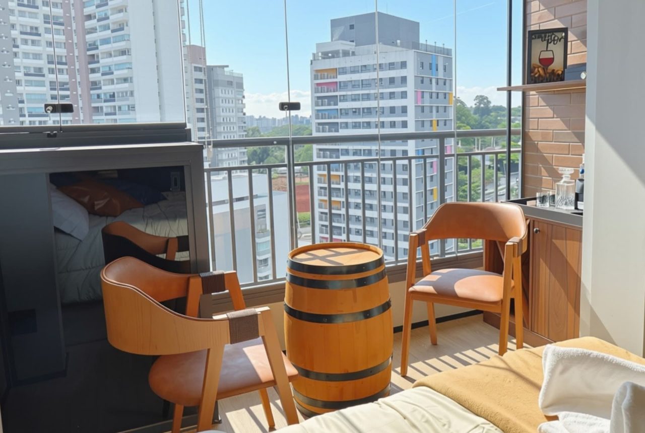 Studio com poltronas de couro caramelo, barril de madeira, parede de tijolinhos e varanda envidraçada